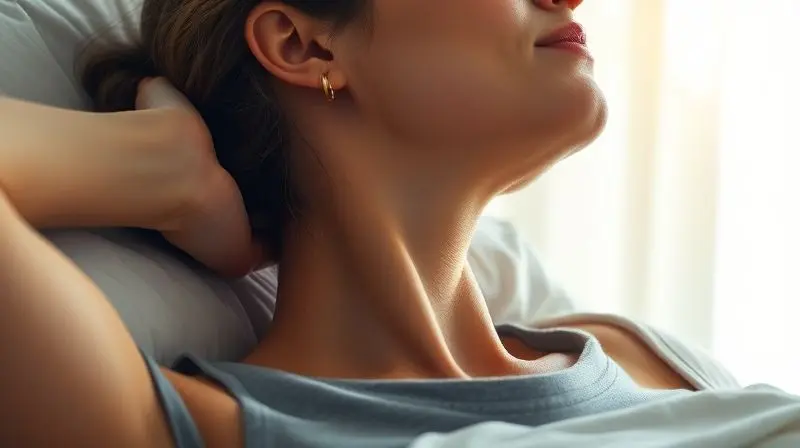 Mulher acordando e se espreguiçando na cama com uma expressão de alívio, demonstrando os benefícios de um travesseiro cervical para o pescoço.