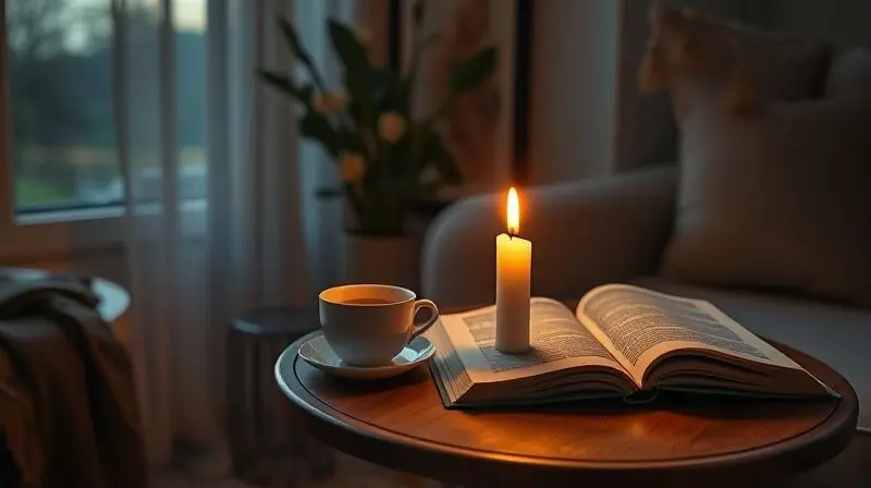 Cena de bem-estar com uma vela aromática acesa ao lado de uma xícara de chá e um livro, criando uma atmosfera de relaxamento e tranquilidade.