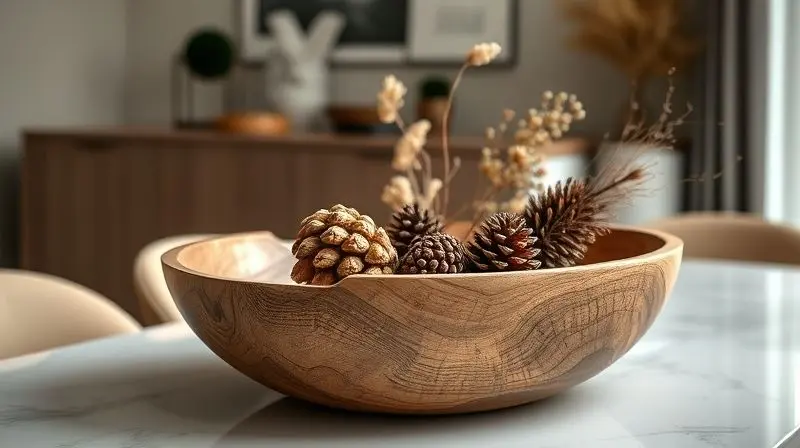 Um bowl de madeira serve como peça de decoração em uma mesa, mostrando a versatilidade das tigelas além do uso culinário.