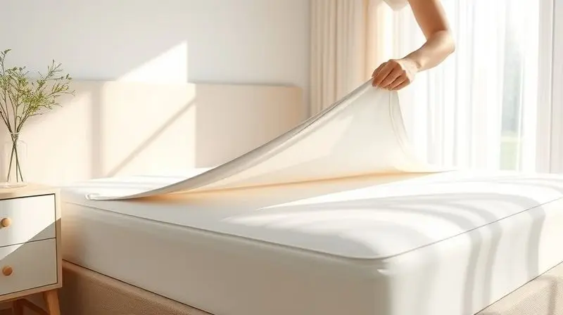 Bright and airy photorealistic shot of a sunlit bedroom where a person is fitting a crisp, white, high-quality mattress prote