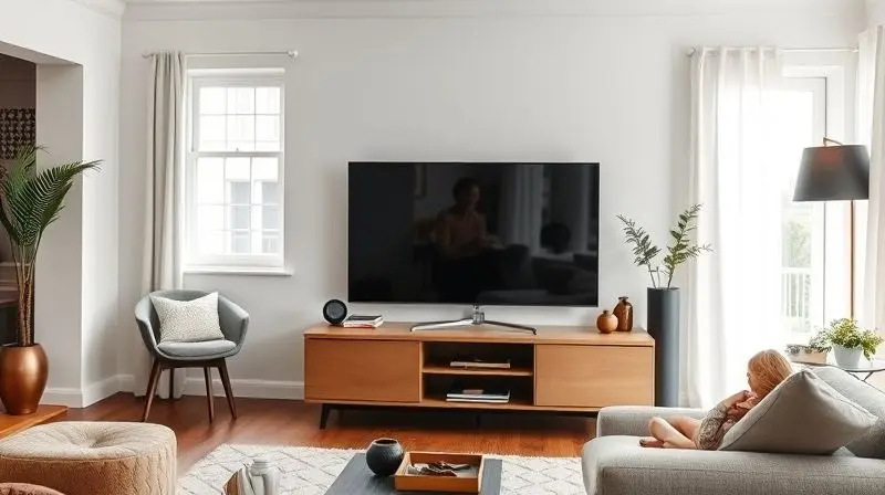 Sala de estar com decoração escandinava e uma TV de 55 polegadas como peça central em um móvel, com família desfocada ao fundo.