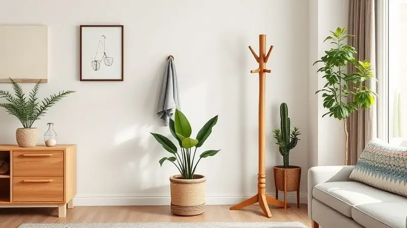 Cabideiro de madeira em harmonia com a decoração de uma sala de estar, mostrando como escolher o material e estilo corretos.