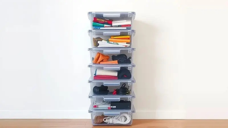 Uma pilha de caixas organizadoras transparentes e empilháveis, otimizando o espaço vertical contra uma parede branca.