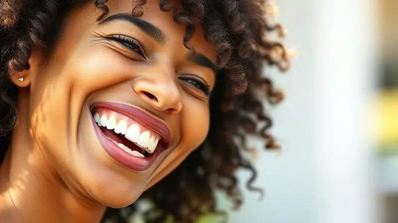 Candid portrait of a radiant person with a beautiful, healthy smile laughing naturally, with soft outdoor lighting, subtly il