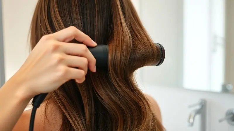 Mulher de costas, com cabelos castanhos longos, usando uma escova rotativa para modelar uma mecha de cabelo em um banheiro moderno.