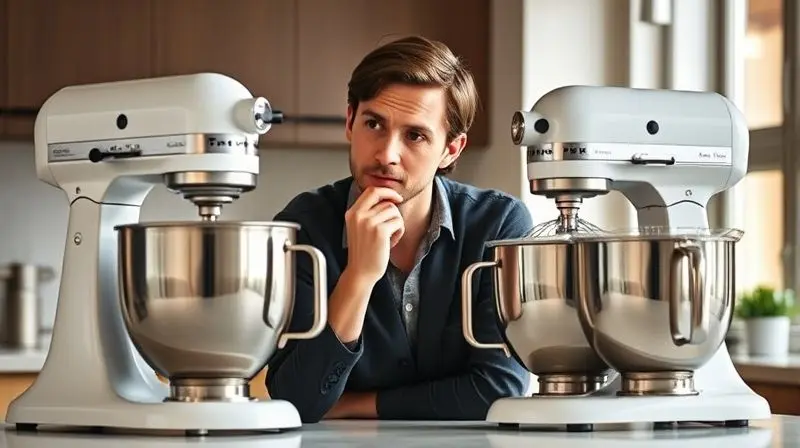Pessoa analisando duas batedeiras planetárias diferentes em uma bancada de cozinha, em pose pensativa para fazer a melhor escolha de compra.