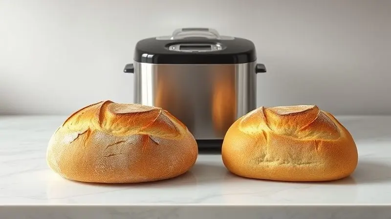 Comparativo entre um pão grande e um pão pequeno recém-assados, posicionados em frente a uma máquina de pão para ilustrar capacidade.
