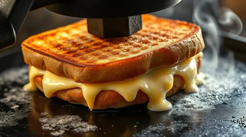 Close-up de um sanduíche sendo pressionado por uma prensa em uma chapa quente, com queijo derretido escorrendo pelas laterais.