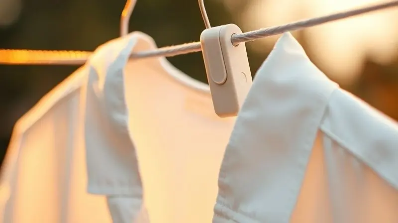 Close de um prendedor com pontas de borracha segurando uma camisa branca no varal, mostrando que o tecido não fica marcado.
