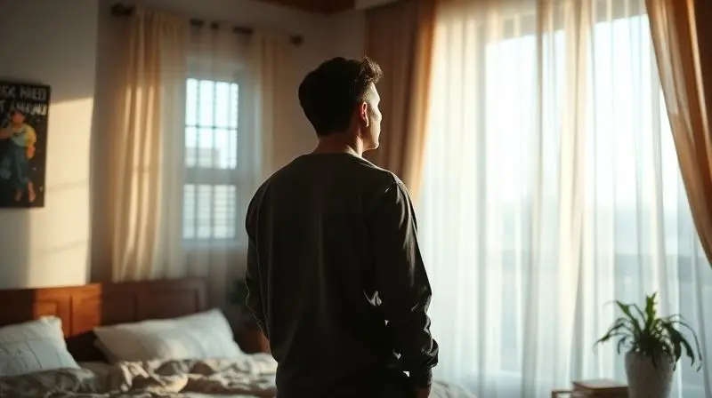 Pessoa olhando para a janela de um quarto com cortinas esvoaçantes, pensando em qual ventilador escolher para o seu espaço.