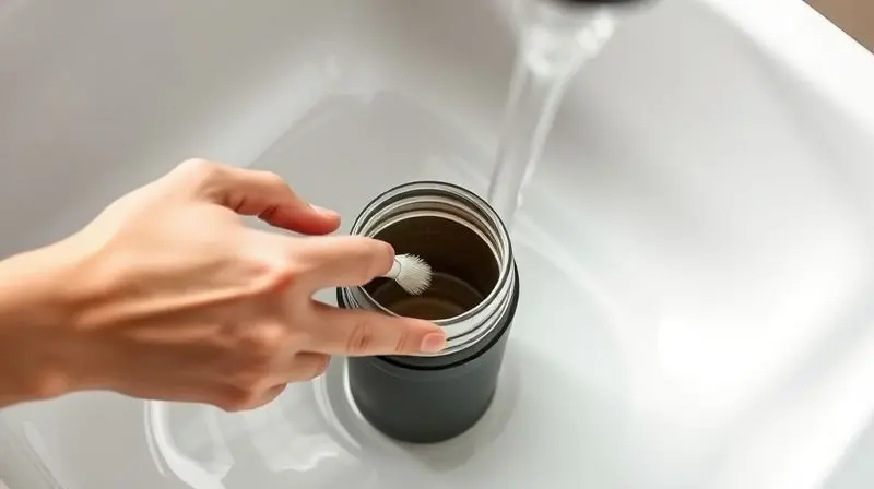 Mãos utilizando uma escova longa para limpar o interior de uma garrafa térmica em uma pia, mostrando o cuidado e a higienização correta.