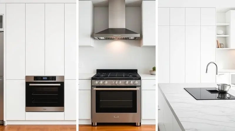 Comparativo visual mostrando um fogão de embutir integrado, um fogão de piso convencional e um cooktop em uma bancada.