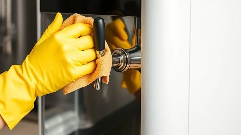 Mãos com luvas de limpeza limpando cuidadosamente a torneira cromada de uma chopeira elétrica.