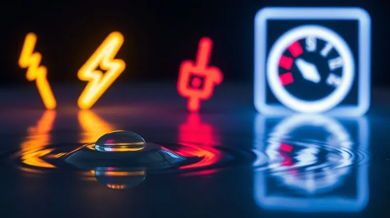 Imagem conceitual mostrando ícones de energia, voltagem e consumo ao lado de uma gota d'água, explicando os aspectos técnicos de um chuveiro.
