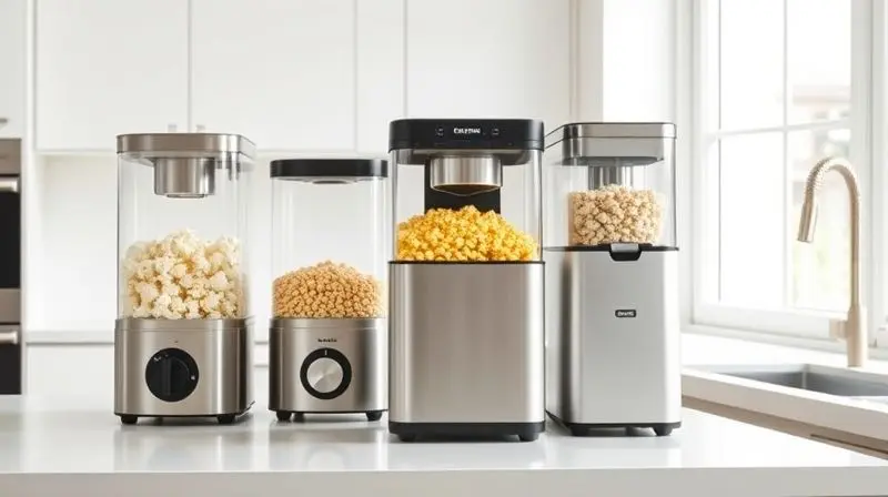 Três modelos de pipoqueiras elétricas alinhadas em uma bancada de cozinha clara, representando o processo de escolha.