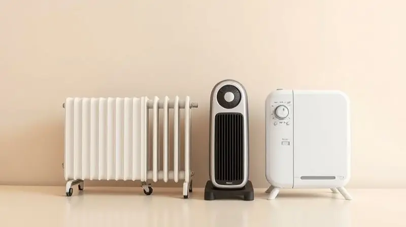 Comparativo visual de quatro tipos de aquecedores de ambiente em um fundo neutro: cerâmico, a óleo, termoventilador e quartzo.