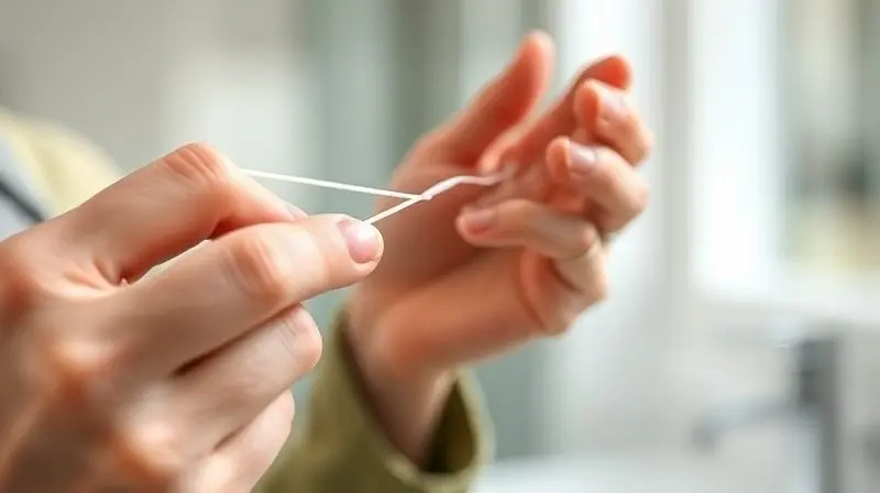 Close-up artistic shot of a person's hands skillfully wrapping pearly white dental floss around their fingers, with a bright,