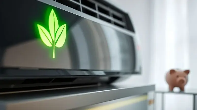 Close-up, artistic shot of a sleek, modern air conditioner with a glowing green leaf icon projected on its surface, a piggy b