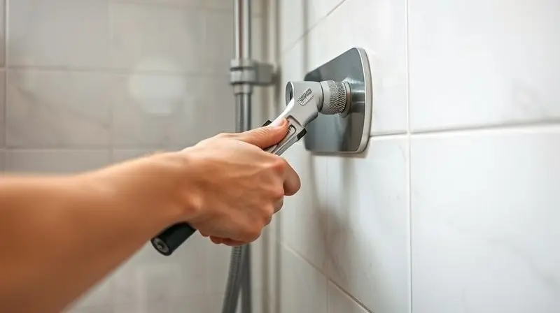 Mãos de uma pessoa instalando uma ducha higiênica em uma parede de azulejos, com foco na ferramenta apertando a conexão da água.