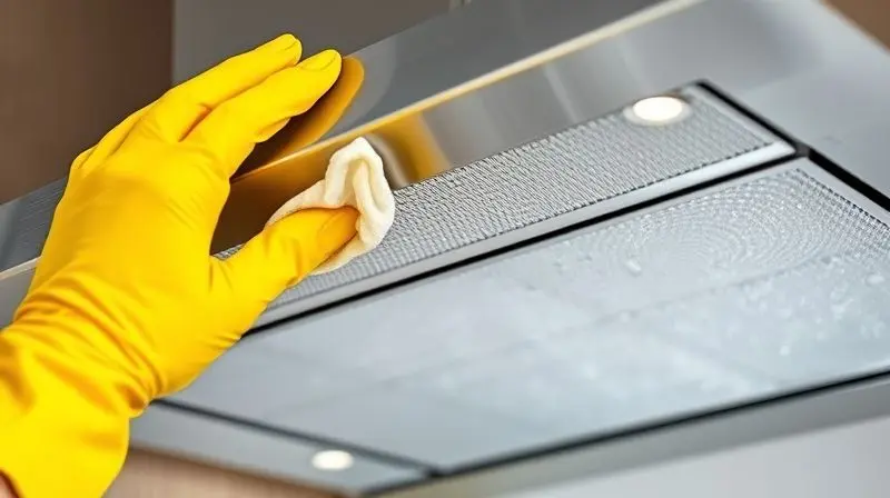Mão com luva amarela realizando a limpeza detalhada de um filtro de coifa de parede em inox, que está brilhando.