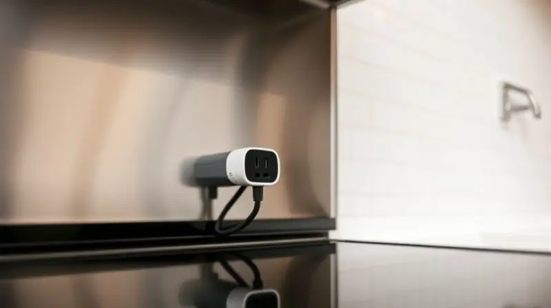 Close-up, detailed photograph focusing on the electrical plug and socket behind a modern stove, with the sleek, stainless ste