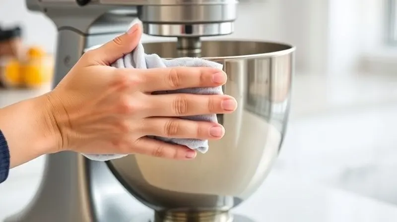 Mãos de uma pessoa limpando cuidadosamente uma batedeira planetária com um pano macio, demonstrando a forma correta de cuidar do aparelho.