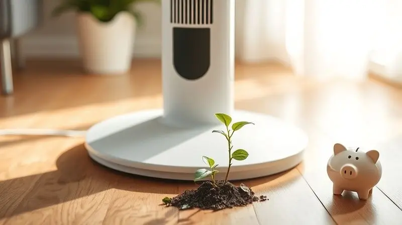Base de um ventilador de coluna ao lado de um cofrinho e uma planta, representando a eficiência energética e a economia na conta de luz.