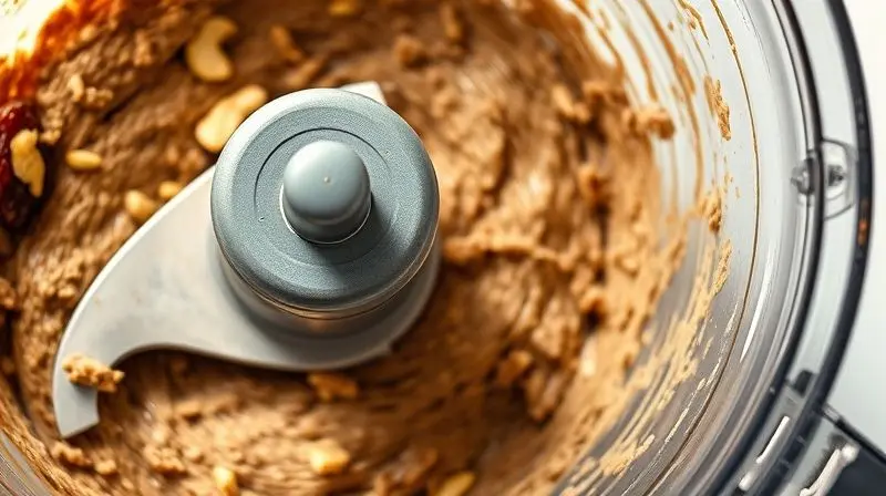 Close-up da lâmina de um mini processador transformando nozes e tâmaras em uma pasta homogênea, demonstrando potência.