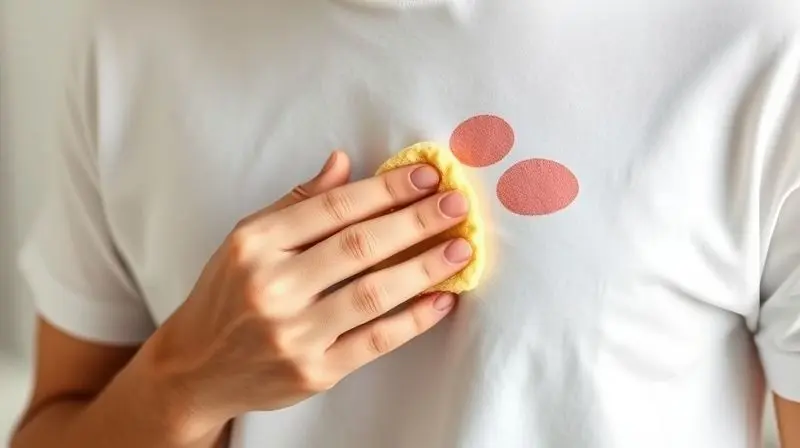 Mãos aplicando tira manchas com uma esponja em uma mancha específica numa camiseta branca e limpa.