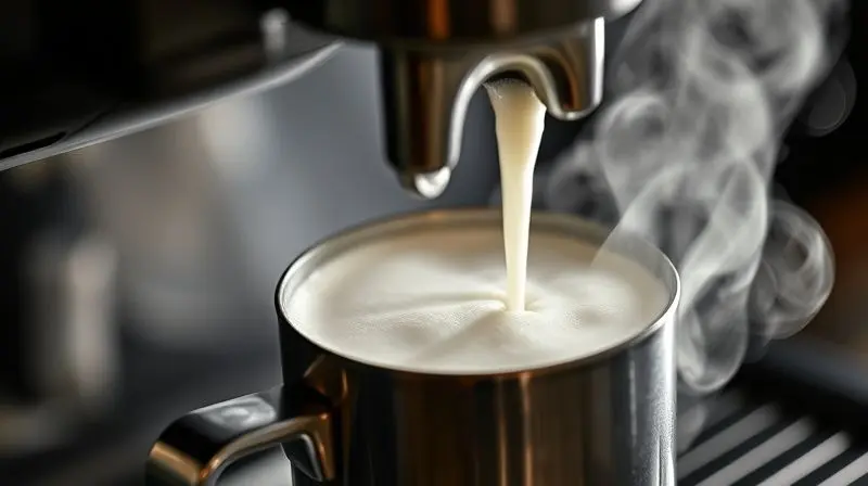 Detalhe de um vaporizador de cafeteira criando uma espuma de leite cremosa e densa em uma leiteira de metal.