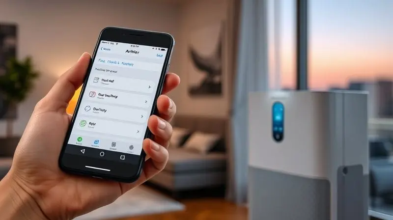 Mão segurando um celular com aplicativo que controla um purificador de ar, exemplificando suas funções inteligentes e conectividade Wi-Fi.