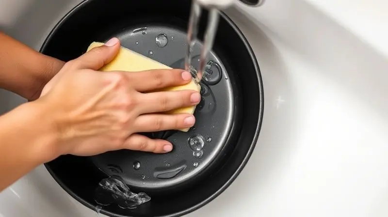 Mãos lavando cuidadosamente uma panela antiaderente com uma esponja macia para garantir sua durabilidade.