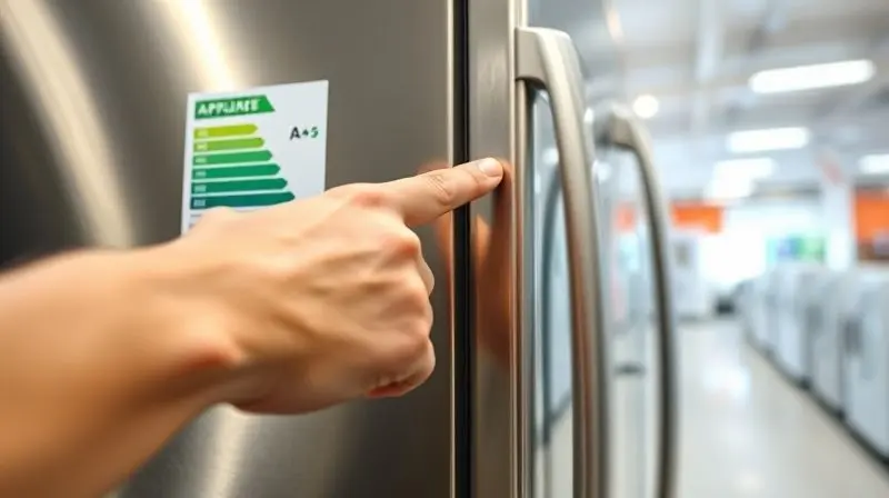 Mão de uma pessoa apontando para a etiqueta de eficiência energética 'A+++' colada na porta de uma geladeira nova.