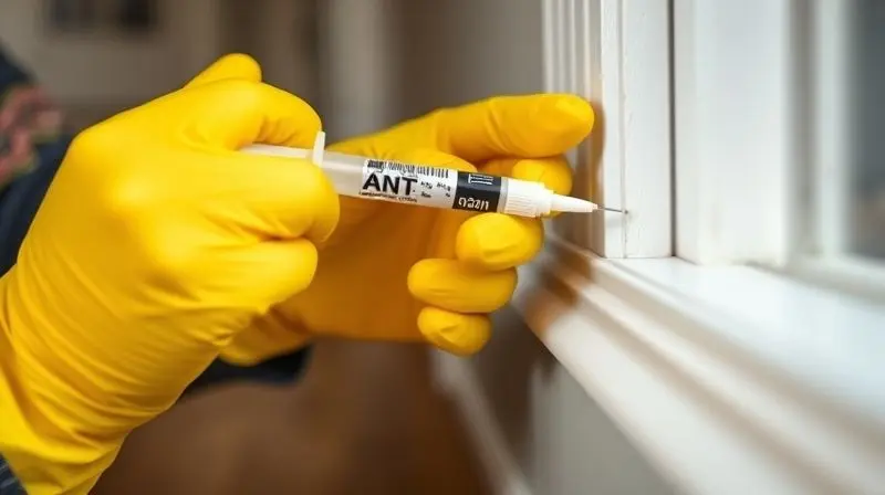 Close-up, photorealistic shot focusing on a person's hands wearing protective yellow rubber gloves, carefully applying ant po