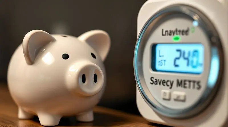 Um cofrinho de porco ao lado de um medidor de energia digital, simbolizando a economia na conta de luz com ar-condicionado eficiente.