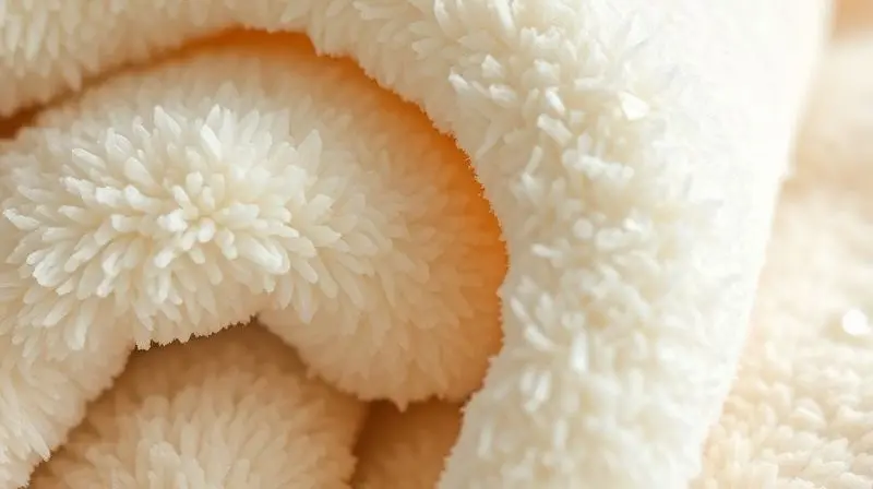 Close-up shot focusing on the texture of an incredibly soft and fluffy towel, with dew-like water droplets on the fibers to e