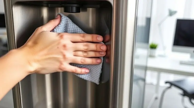 Pessoa limpando facilmente um bebedouro de design moderno com um pano, destacando a superfície de aço inoxidável e a facilidade de manutenção.
