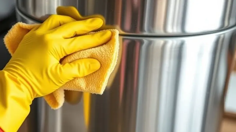 Mão com luva amarela limpando uma lixeira de aço inox reluzente com um pano, destacando a importância da higiene.