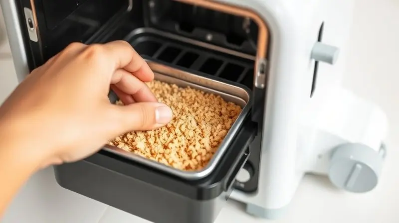 Mãos retirando e limpando a bandeja de migalhas de uma torradeira, mostrando um passo importante da manutenção do aparelho.