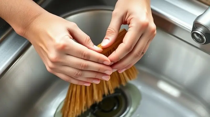 Mãos limpando com cuidado as cerdas de uma vassoura, ilustrando a forma correta de cuidar e preservar a ferramenta.