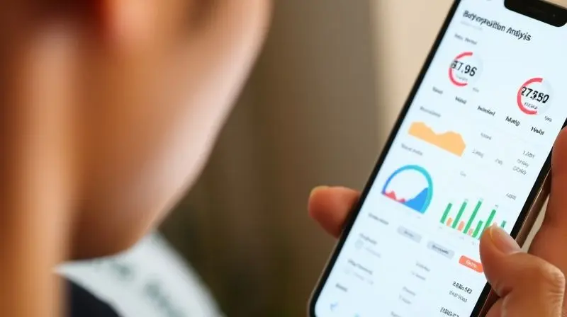 Pessoa analisando gráficos de bioimpedância em um aplicativo de celular, como massa muscular e percentual de gordura.