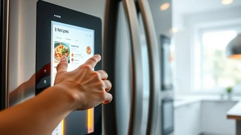 Close-up shot of a person's hand interacting with a large, glowing touchscreen display integrated into the door of a futurist
