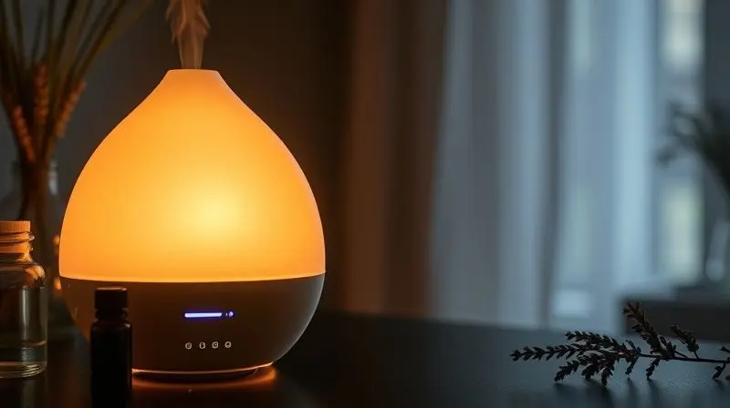 Umidificador de ar moderno com iluminação ambiente acesa, funcionando como difusor de aromas com lavanda ao lado.