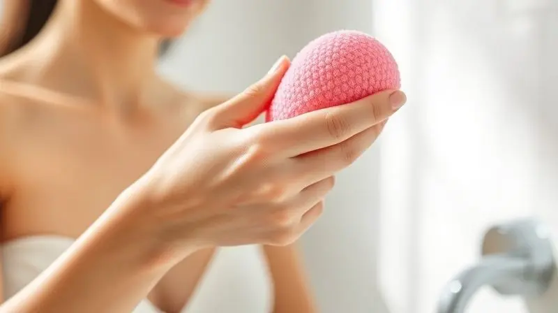 Esponja de banho de silicone rosa sendo segurada pela mão de uma mulher em um banheiro moderno, demonstrando um material diferente.