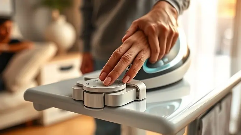 Mão ajustando a alavanca de altura de uma tábua de passar para garantir uma postura ergonômica e confortável.