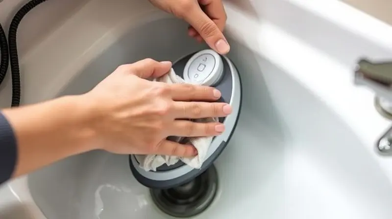 Mãos limpando o reservatório de água de uma passadeira a vapor em uma pia, demonstrando a manutenção do aparelho.