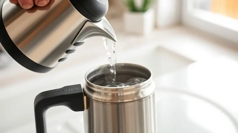 Mãos despejando água fervente em uma garrafa térmica para pré-aquecê-la, demonstrando um truque para manter o café quente por mais tempo.