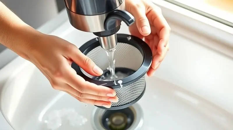 Mãos lavando o filtro de uma centrífuga com água corrente em uma pia, demonstrando a facilidade de limpeza do eletrodoméstico.