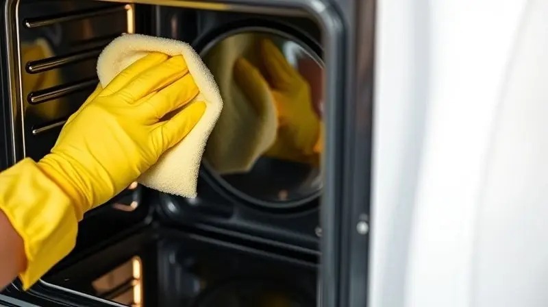 Pessoa com luvas amarelas realizando a limpeza interna de um forno de embutir, deixando o interior brilhante e limpo.