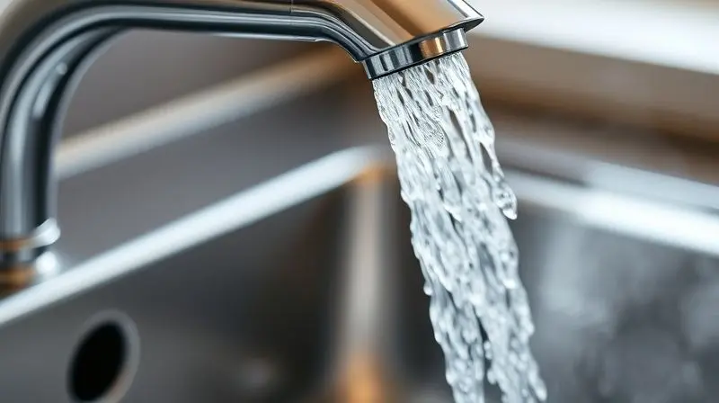 Close-up de água quente com vapor saindo de uma torneira elétrica cromada, demonstrando potência e alto desempenho de aquecimento.